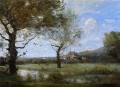 Prairie avec deux grands arbres plein air romantisme Jean Baptiste Camille Corot